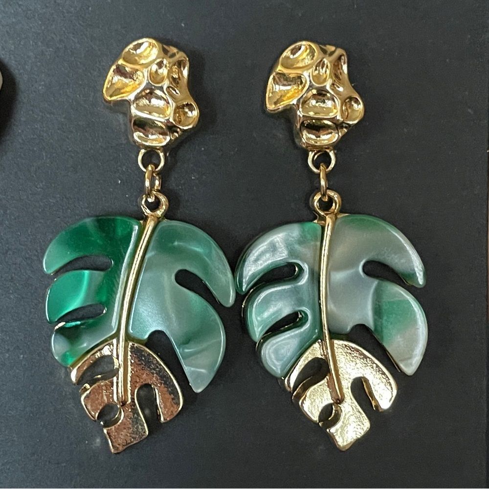 Gold & Green Leaf Drop Earrings tropical beach vacation jewelry gift boho